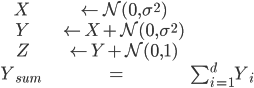
\begin{align*}
X &\leftarrow \mathcal{N}(0, \sigma^2) \\
Y &\leftarrow X + \mathcal{N}(0, \sigma^2) \\
Z &\leftarrow Y + \mathcal{N}(0, 1) \\
Y_{sum} &= \sum_{i=1}^d Y_i
\end{align*}
